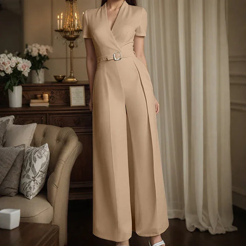 Weirton High Waist Jumpsuits Workwear Belt Rompers Solid Deep V Neck Elegant Overalls