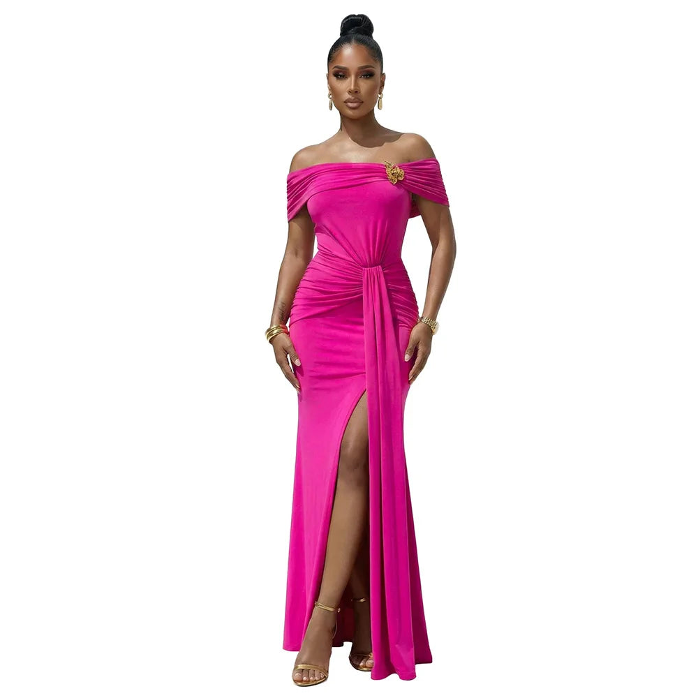 La Cuava Slash Neck Ribbon Elegant Sleeves Long Sexy Maxi Dress