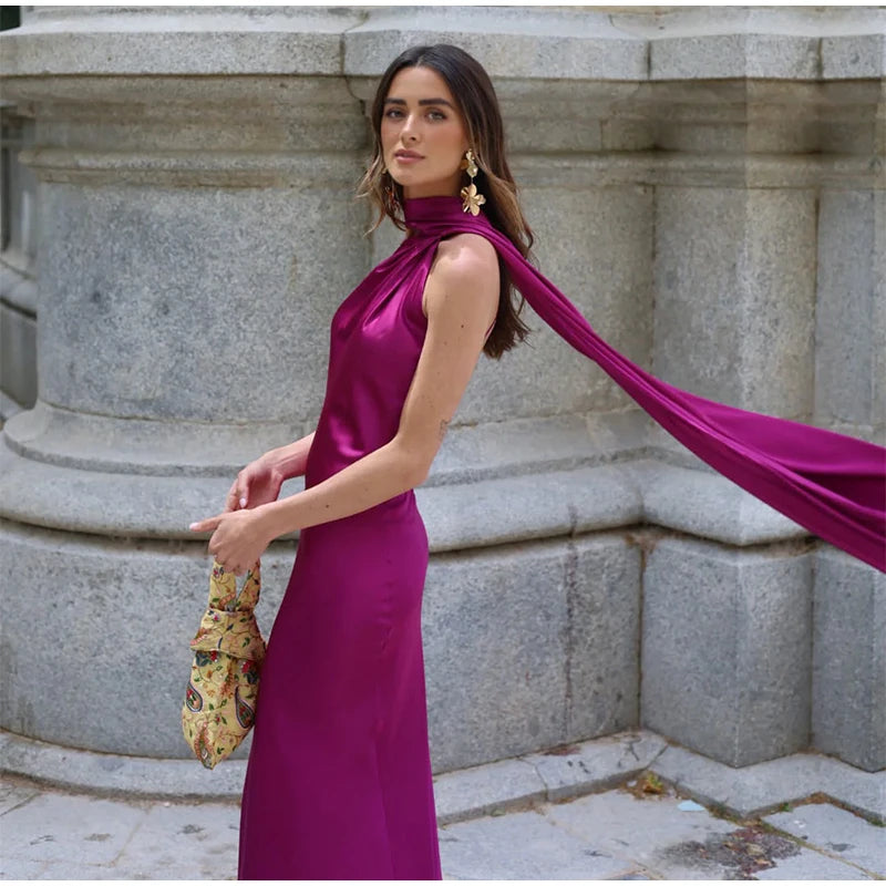 Califon Sexy Satin Ribbon Party Elegant Halter Backless Off Shoulder Sleeveless Maxi Dress
