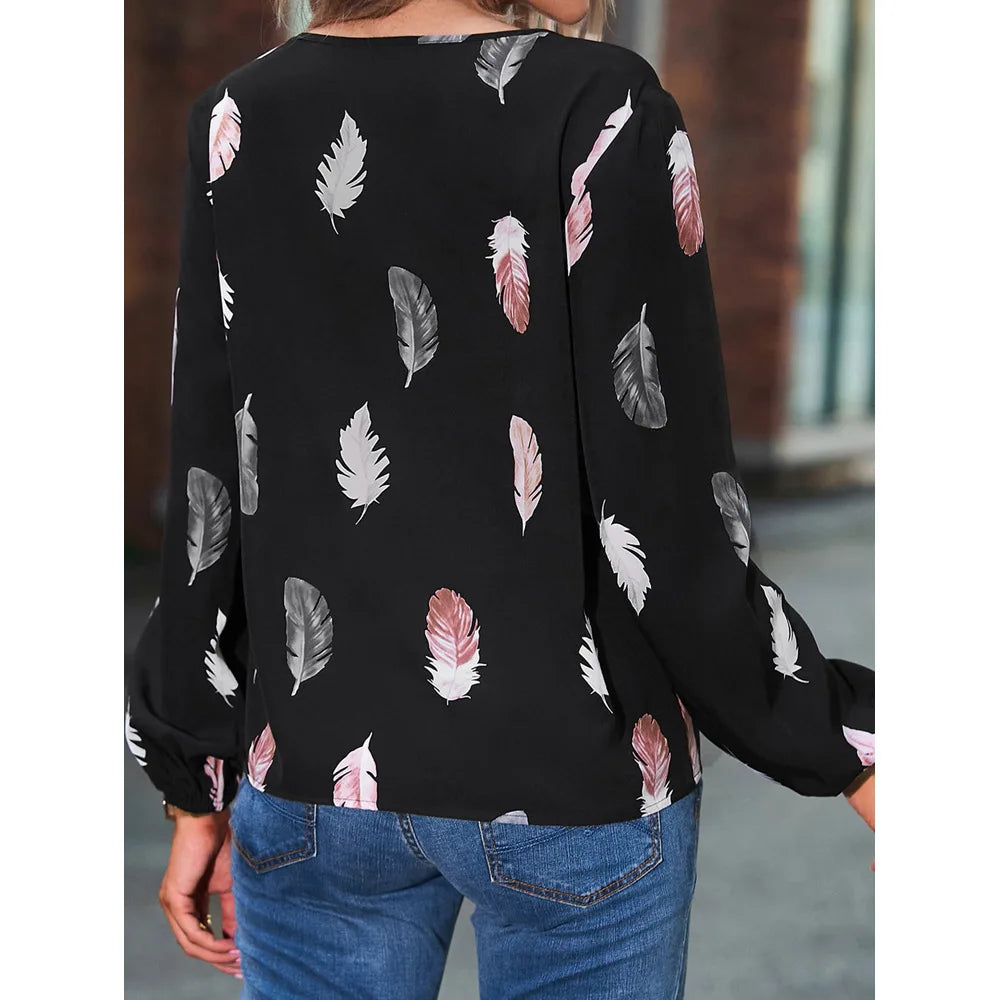 Jamesburg Casual T Shirt Fashion Feather Printed Long Sleeve V Neck Loose Blouses