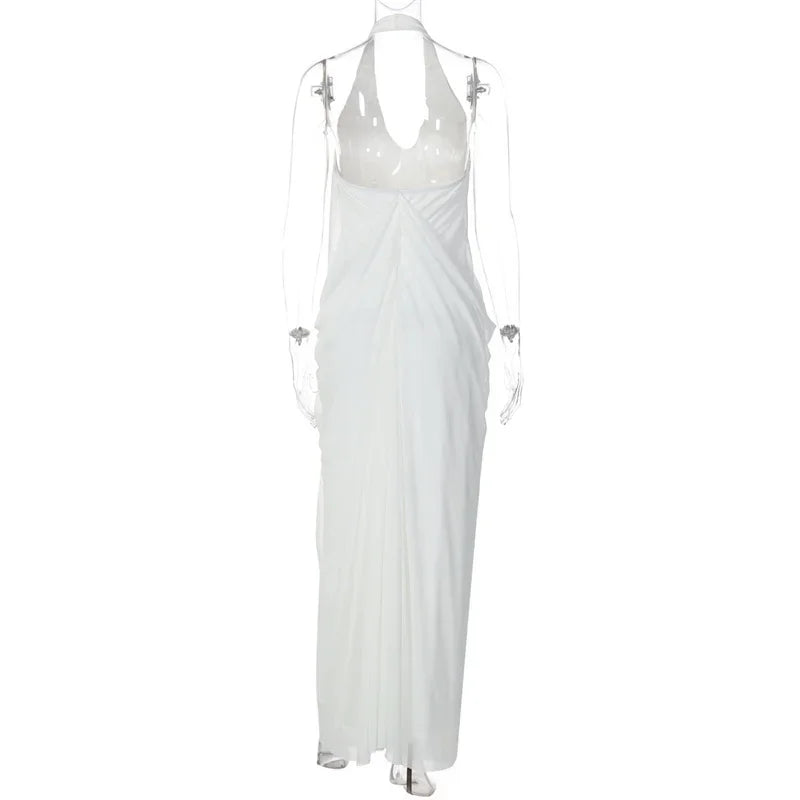 Elkins Mesh Halter Backless Sexy Gown Fashion Elegant V Neck Sleeveless Maxi Dress