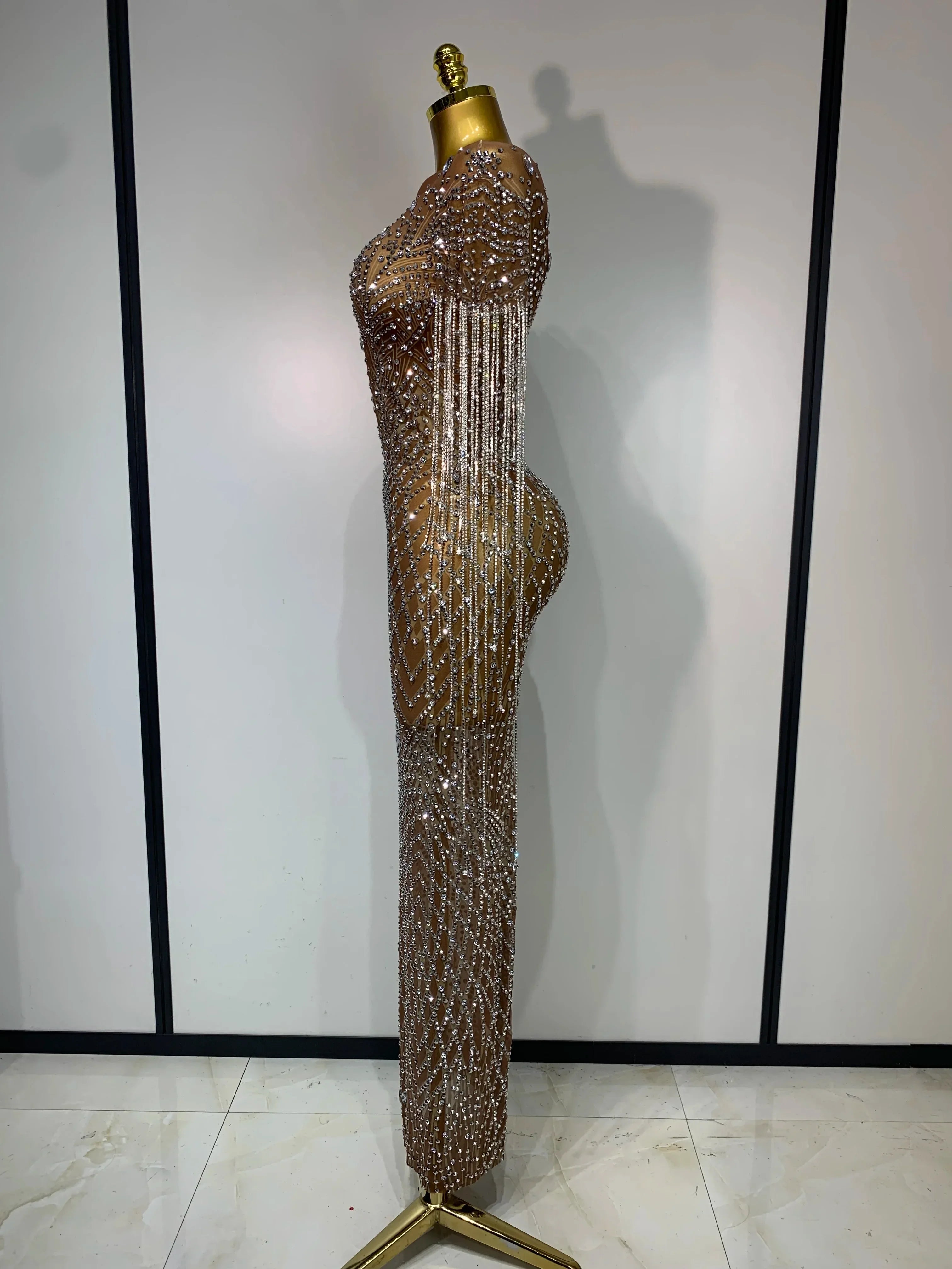 Bedford Luxury Sparkly Rhinestones Tassel Transparent Mesh Stretch Long Dress
