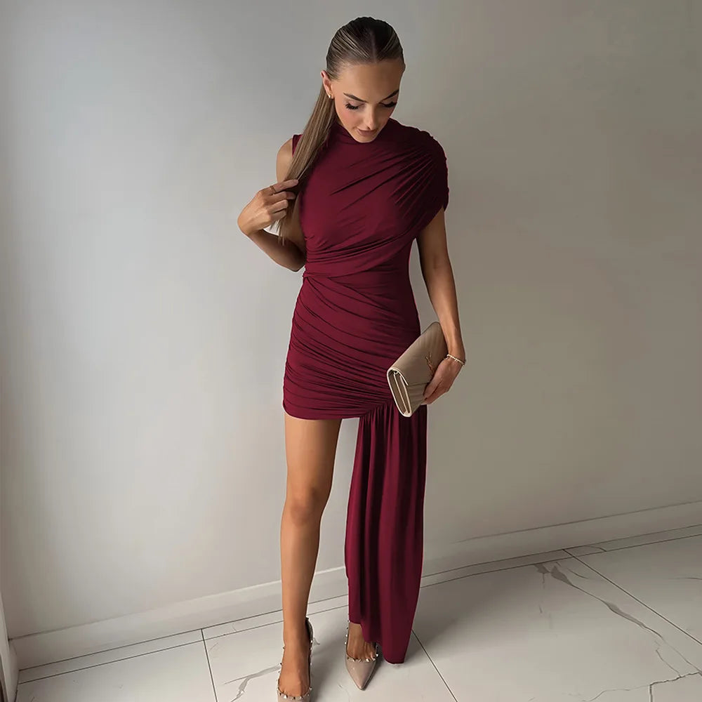 Aspen Knolls Ruched Sexy Solid Color Elegant Turtleneck Sleeveless Asymmetric Dress