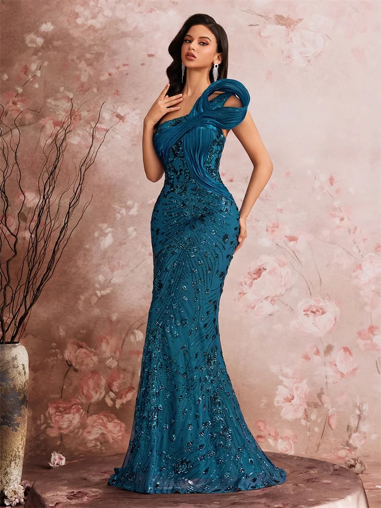Pocono Luxury Slanted Shoulder Sequins Maxi Evening Dresses