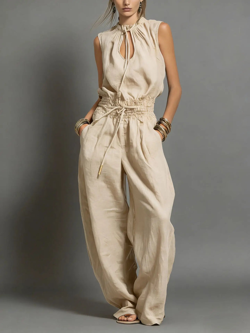 Summer Jumpsuits for Woman Wide Leg Sleeveless Lace Up Jumpsuit High