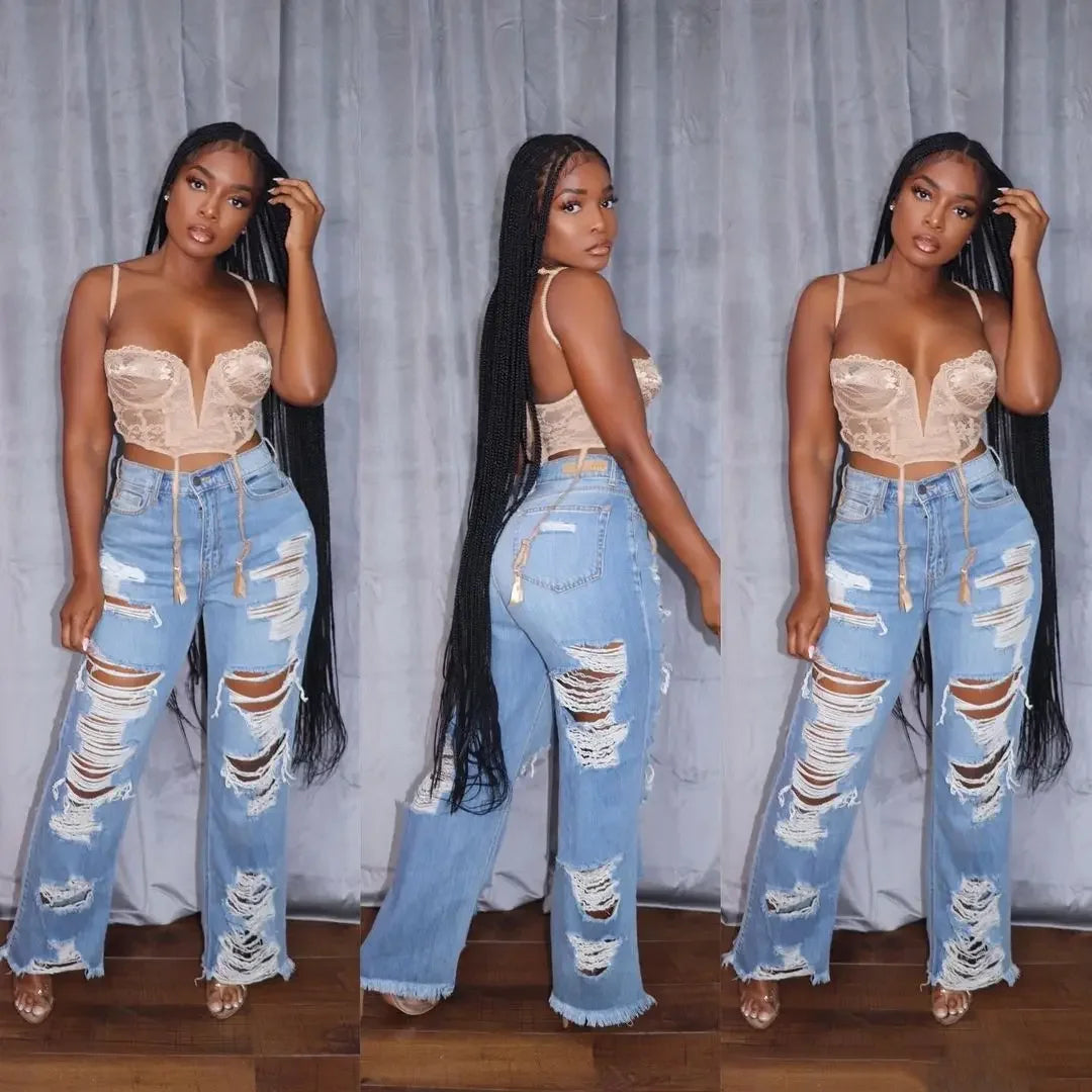 Freehold Elegant Splice Slim Fit Sexy Hole High Waist Button Pocket Straight Trousers