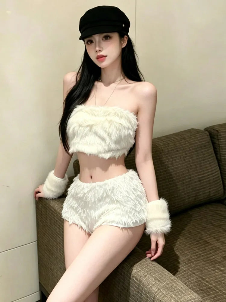 Rosaura Sexy Girl One Shoulder Furry Two Piece Sets