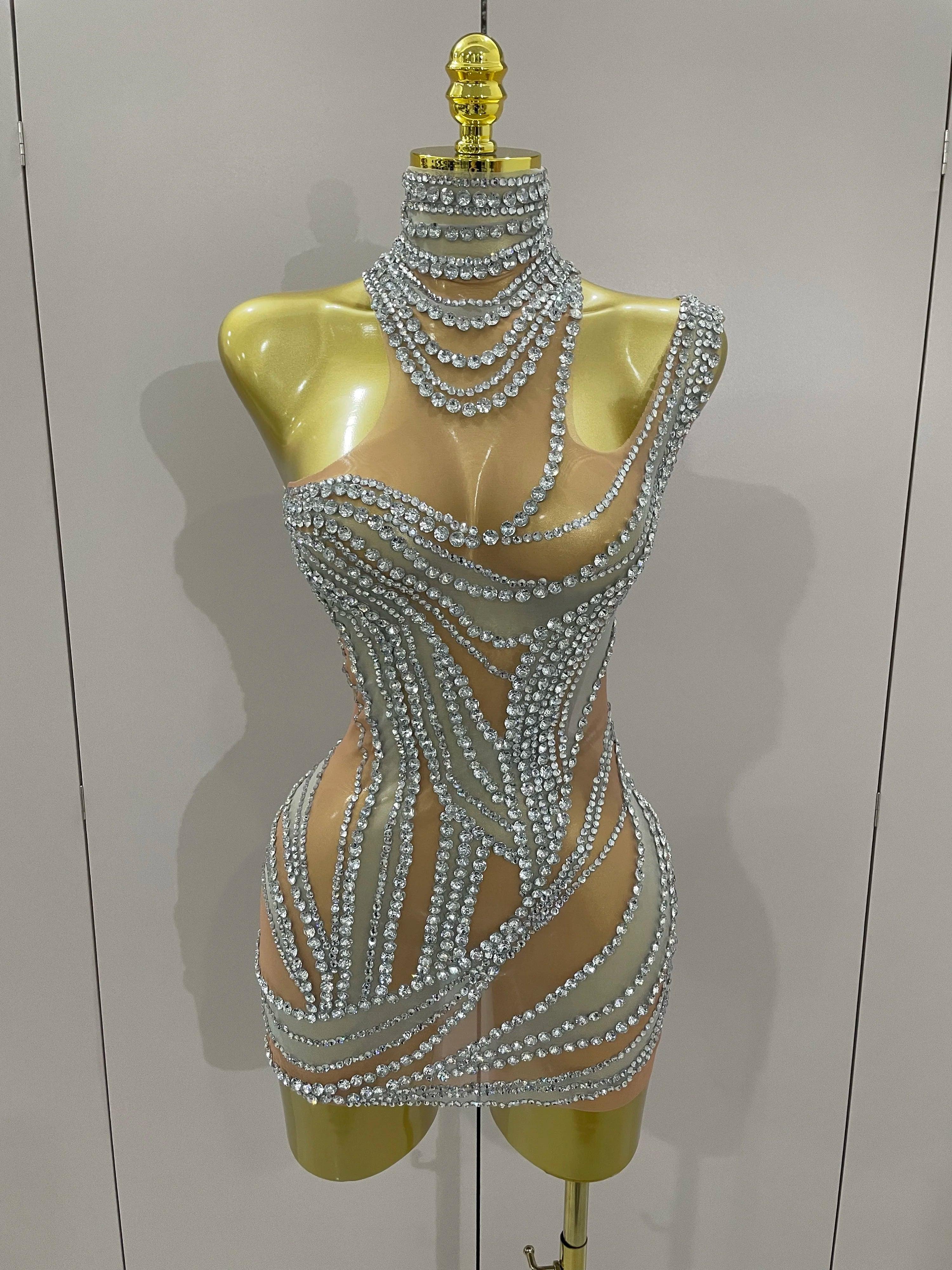 Morgantown Sparkly Crystals See Through Elegant Stage Mini Dress