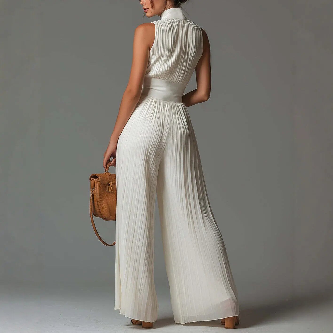 Jumpsuits Women Chiffon Rompers Summer Sleeveless Stand Collar Front Zip Slim Waist‑cinched Vacation Jumpsuits Women's Clothing