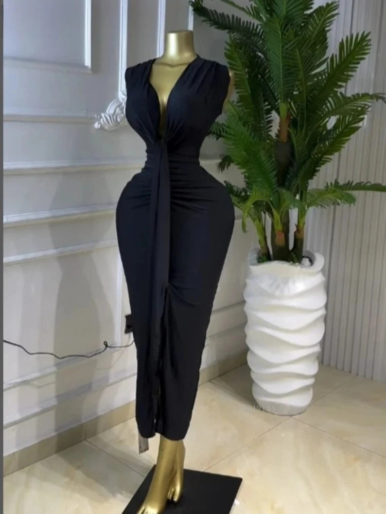Sleeveless Bowknot Deep V Neck Bodycon Midi Dress