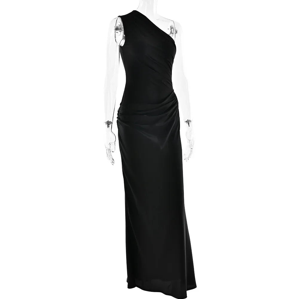 Roselle Satin Inclined Shoulder Sexy Fashion Patchwork Backless Bodycon Maxi Dress