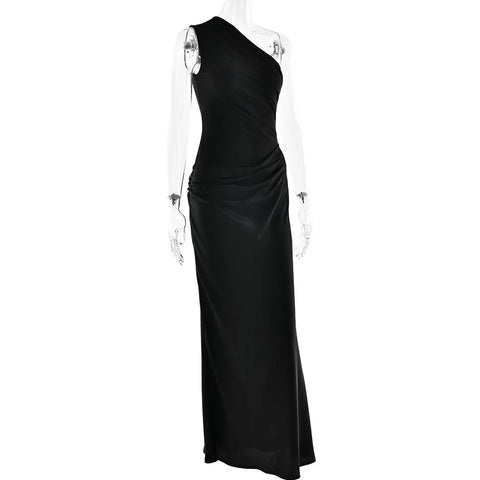 Roselle Satin Inclined Shoulder Sexy Fashion Patchwork Backless Bodycon Maxi Dress