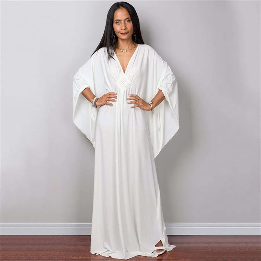 Plaza Plus Size Caftan Solid Color Plus Size Beach V Neck Cover Up Loose Soft Kaftan Dress