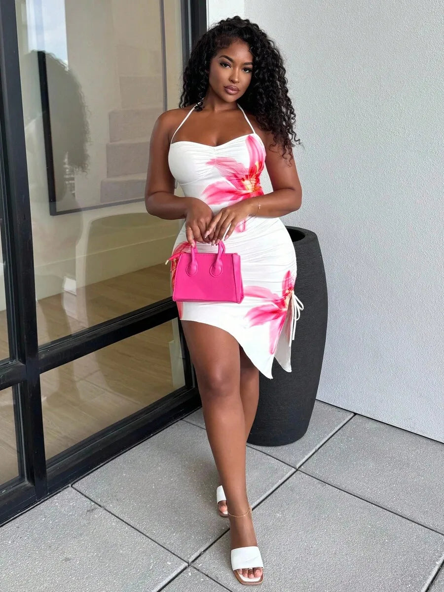 Oxford White Base with Pink Floral Romantic Print Asymmetric Hem Slim Fit Dress