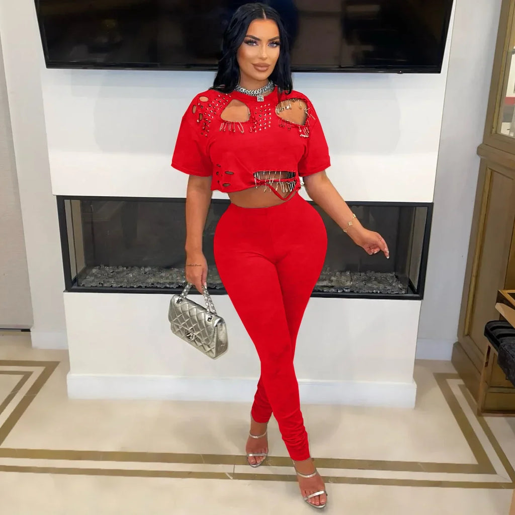 Prospect Hollow Out Hole Pin Sleeve Tide Outfit Tracksuit Two Piece Set