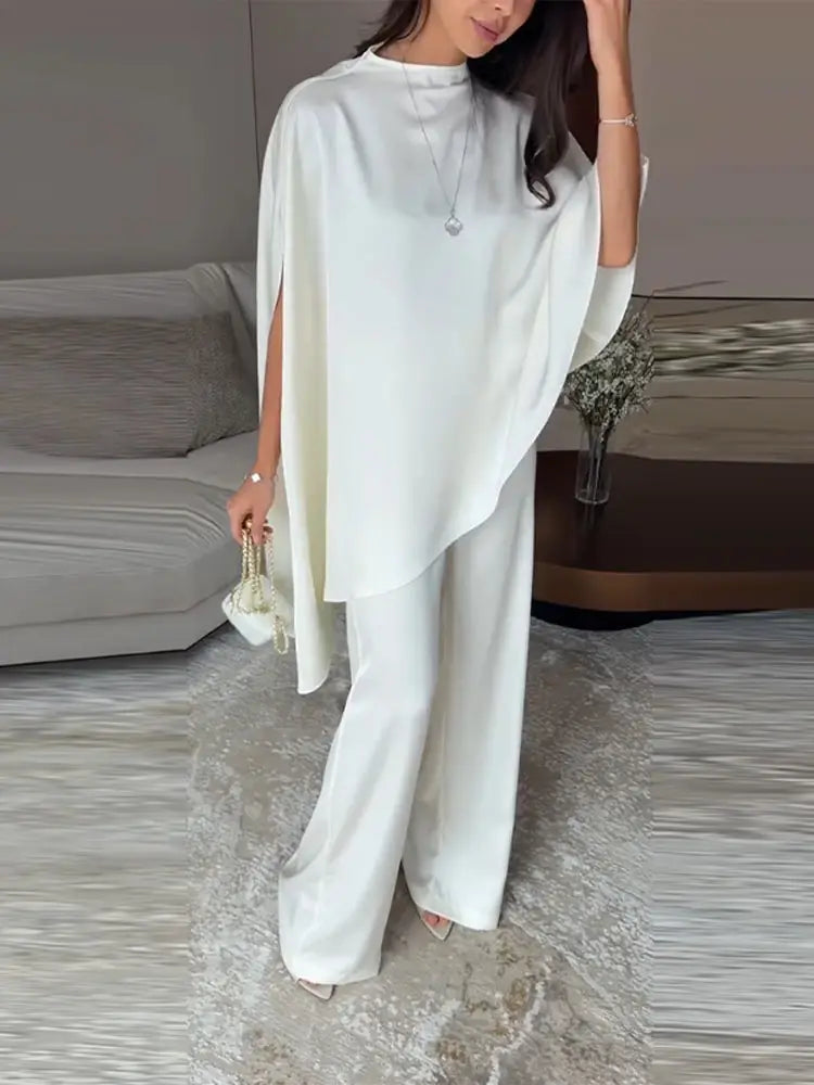 Siara Loose Casual Satin Asymmetric Two Piece Sets