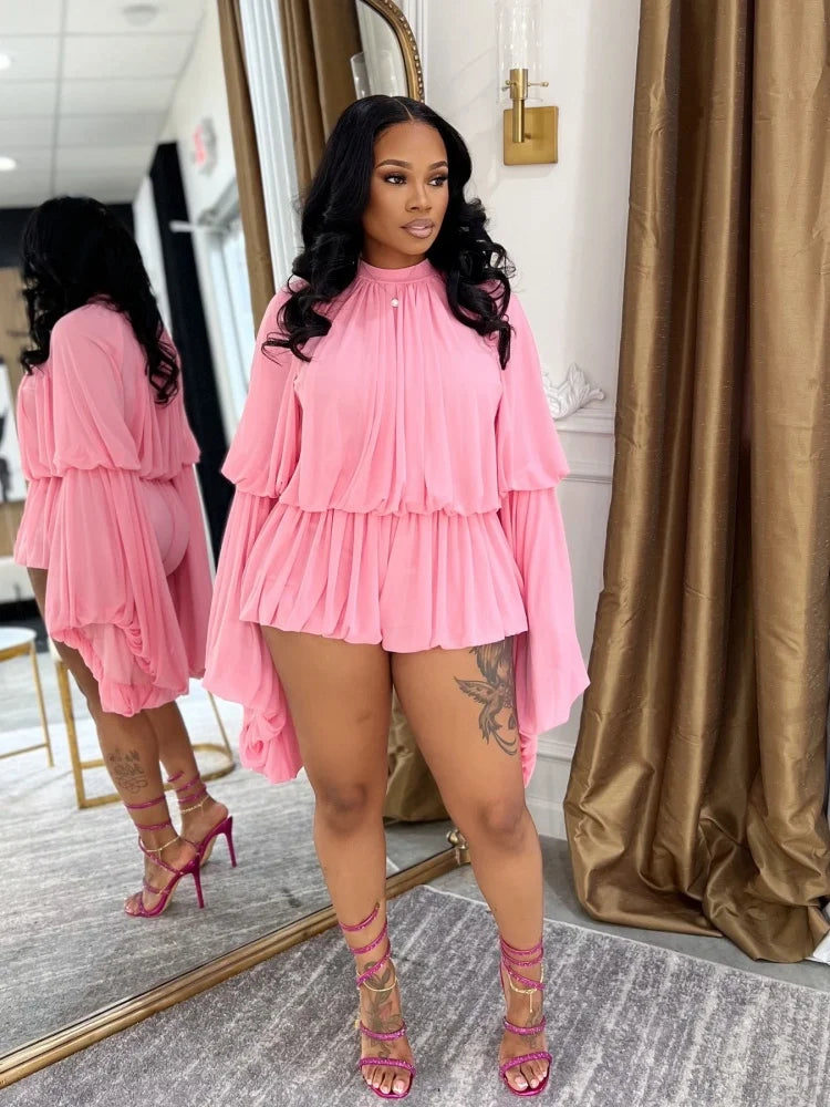 Ana Solid Ruffled Shorts Lantern Sleeves Two Piece Sets