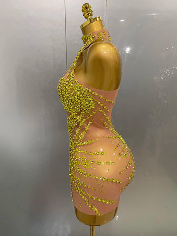 Elmira Rhinestones Sexy Mesh See Through Dress Party Evening Dress