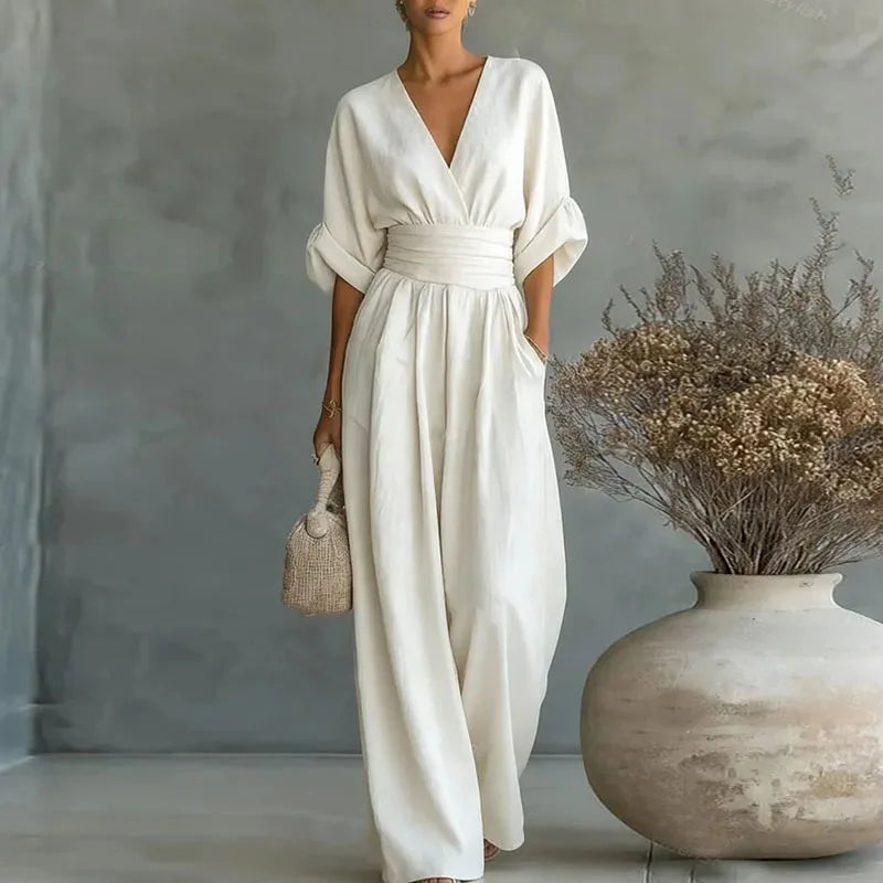Women's Jumpsuit Fashion High Waist V-neck Casual Jumpsuits Sexy Solid Color Office Wide Leg Trousers Overalls Linen Chic