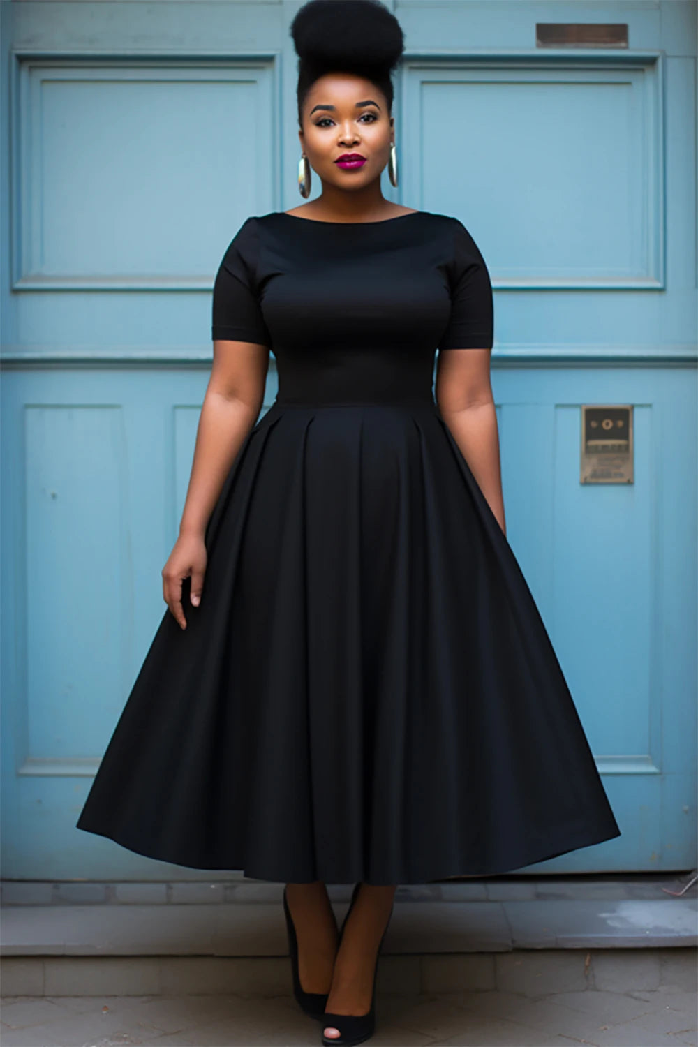 Maine Plus Size Casual Pleated A-Line Basic Round Neck Long Dress
