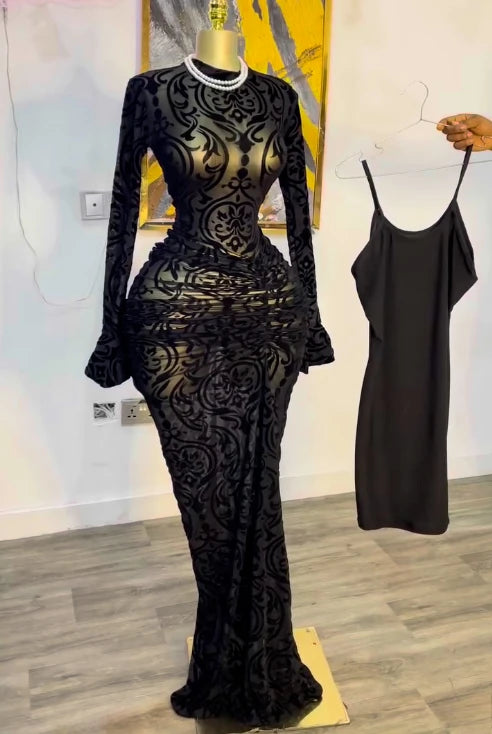 Peru Long Sleeve Stacked Mesh See Though with Lining Bodycon Long Dress
