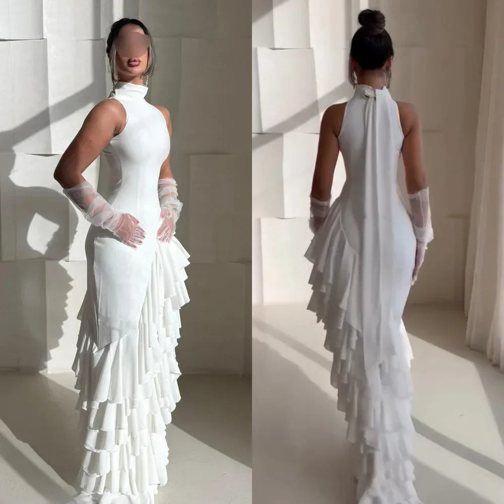 Wallington Modern Style Chiffon Ruched Ruffle Tiered Mermaid Scoop Neck Long Dresses