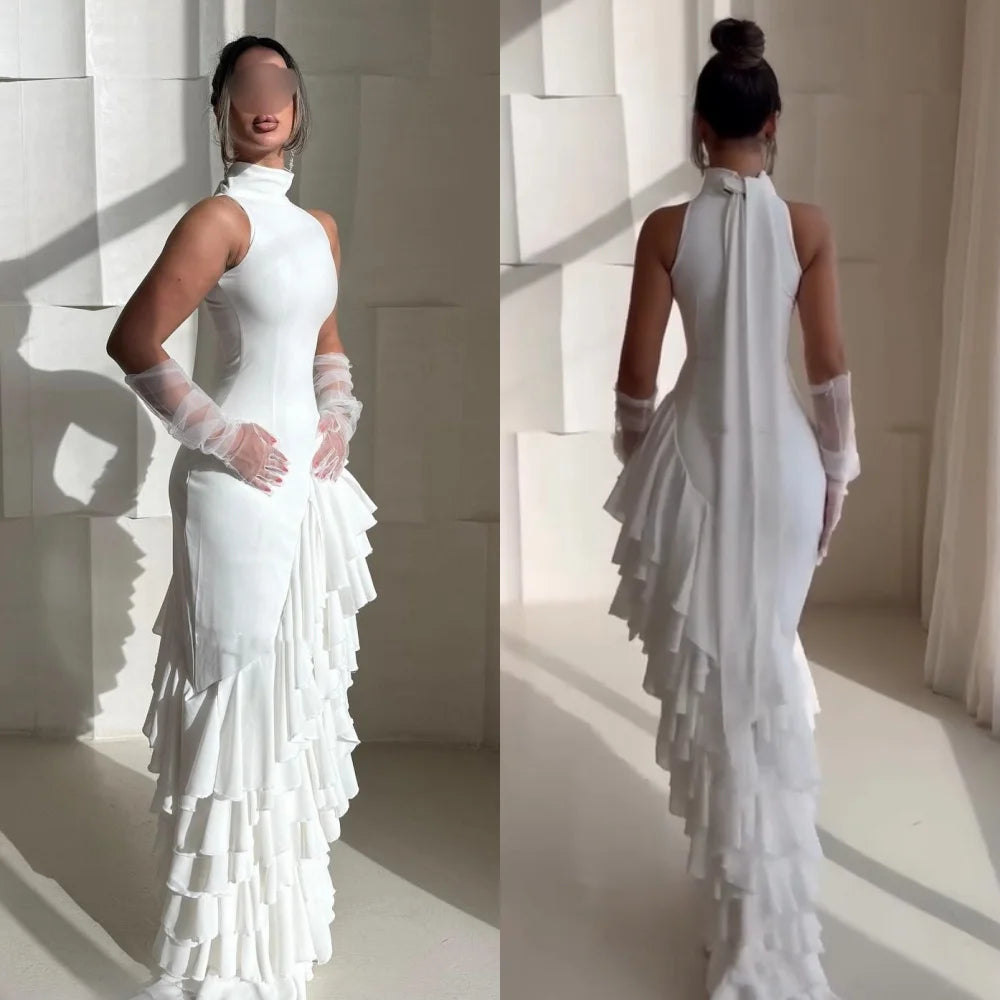 Wallington Modern Style Chiffon Ruched Ruffle Tiered Mermaid Scoop Neck Long Dresses