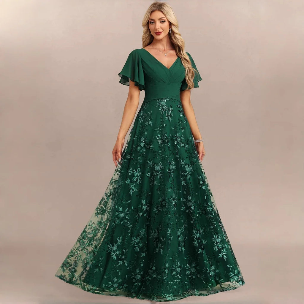 Neiba Dark Green V Neck Chiffon Flutter Sleeve Bridesmaid Ruched Waist Floral Sequin Dress