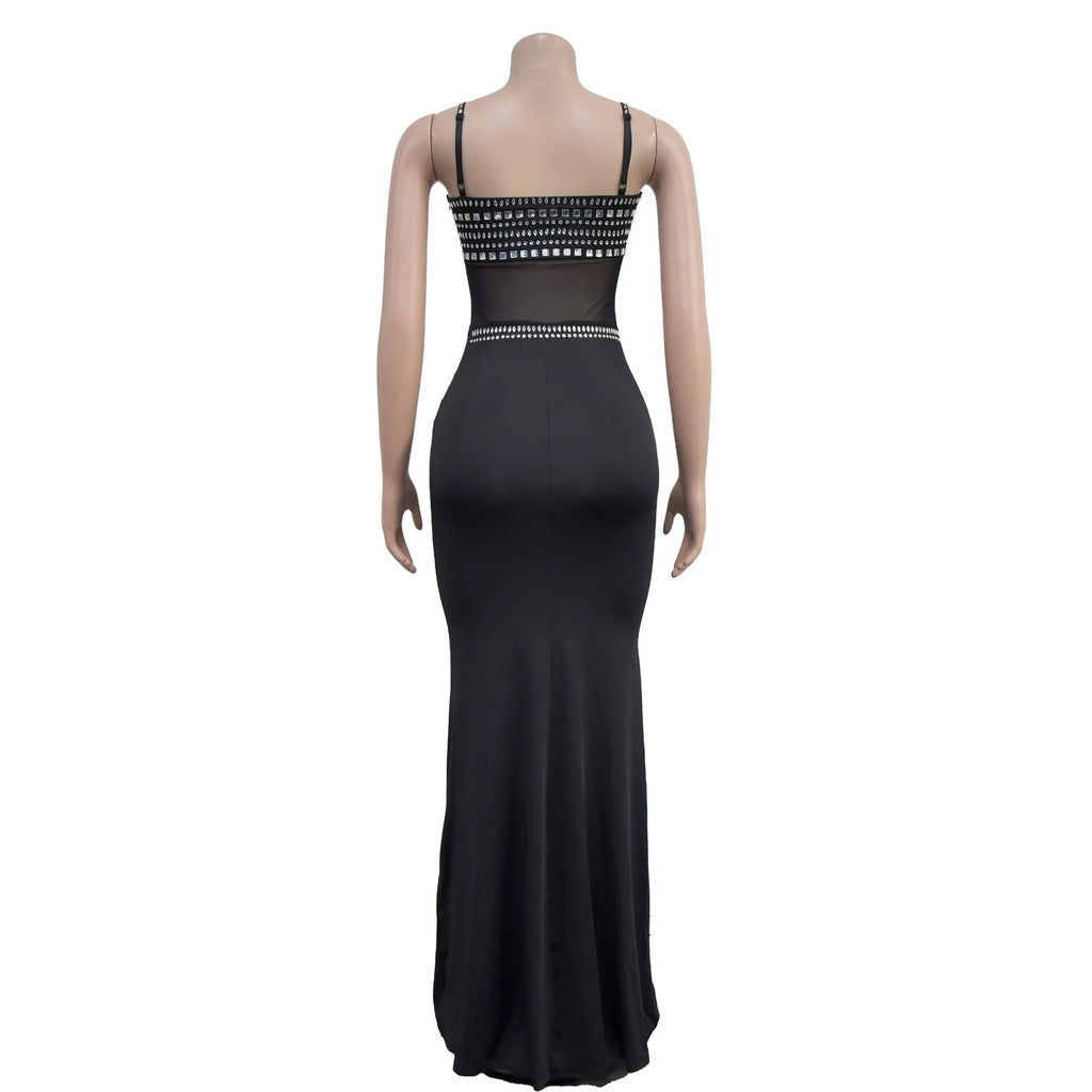 Stamford Diamond Mesh Sexy Transparent Lace Party Elegant Maxi Dress