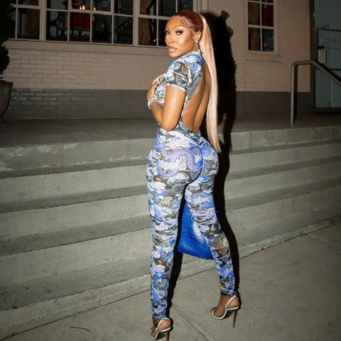 Auburn Hollow Out Playsuits Female Nightout Fashion Mesh Thin Sheer Jumpsuits