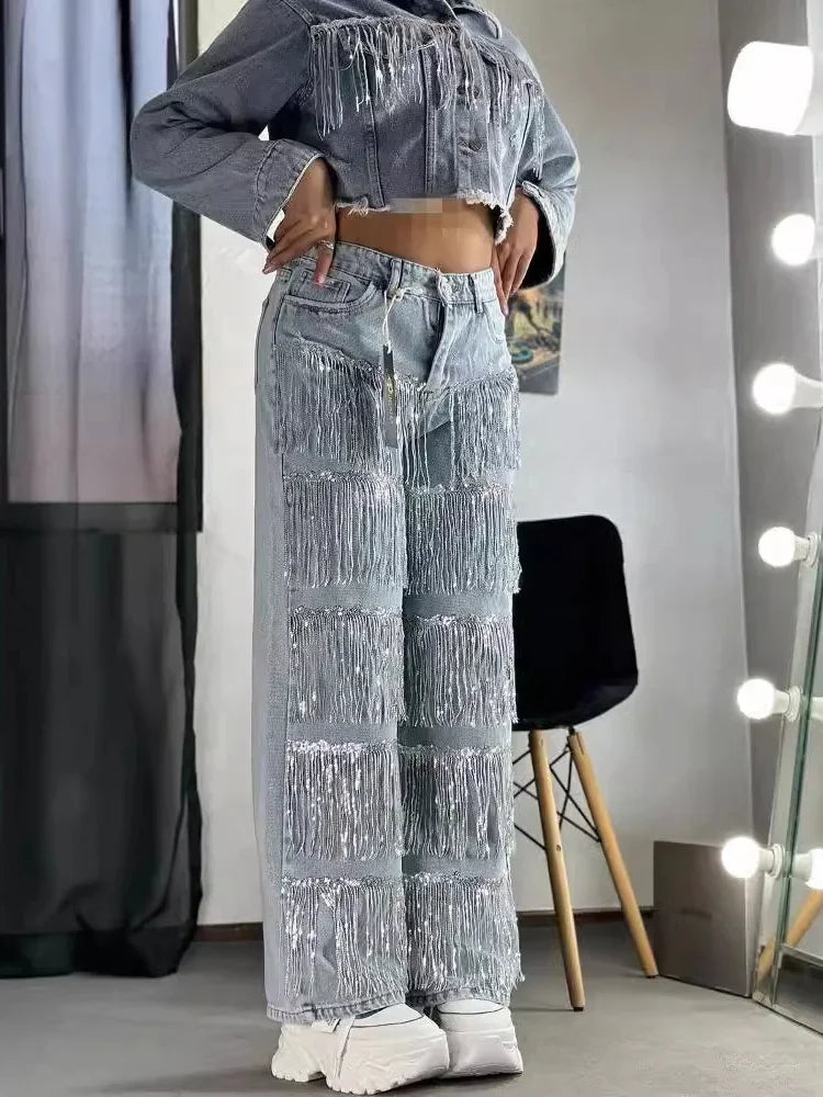 Nazareth High Waist Sequined Tassel Cargo Ripped Streetwear Jeans