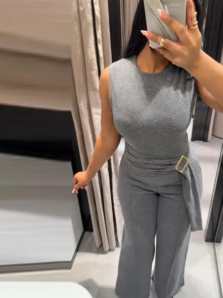 Michelle O-neck Casual Solid High Waist Two Pieces Sets