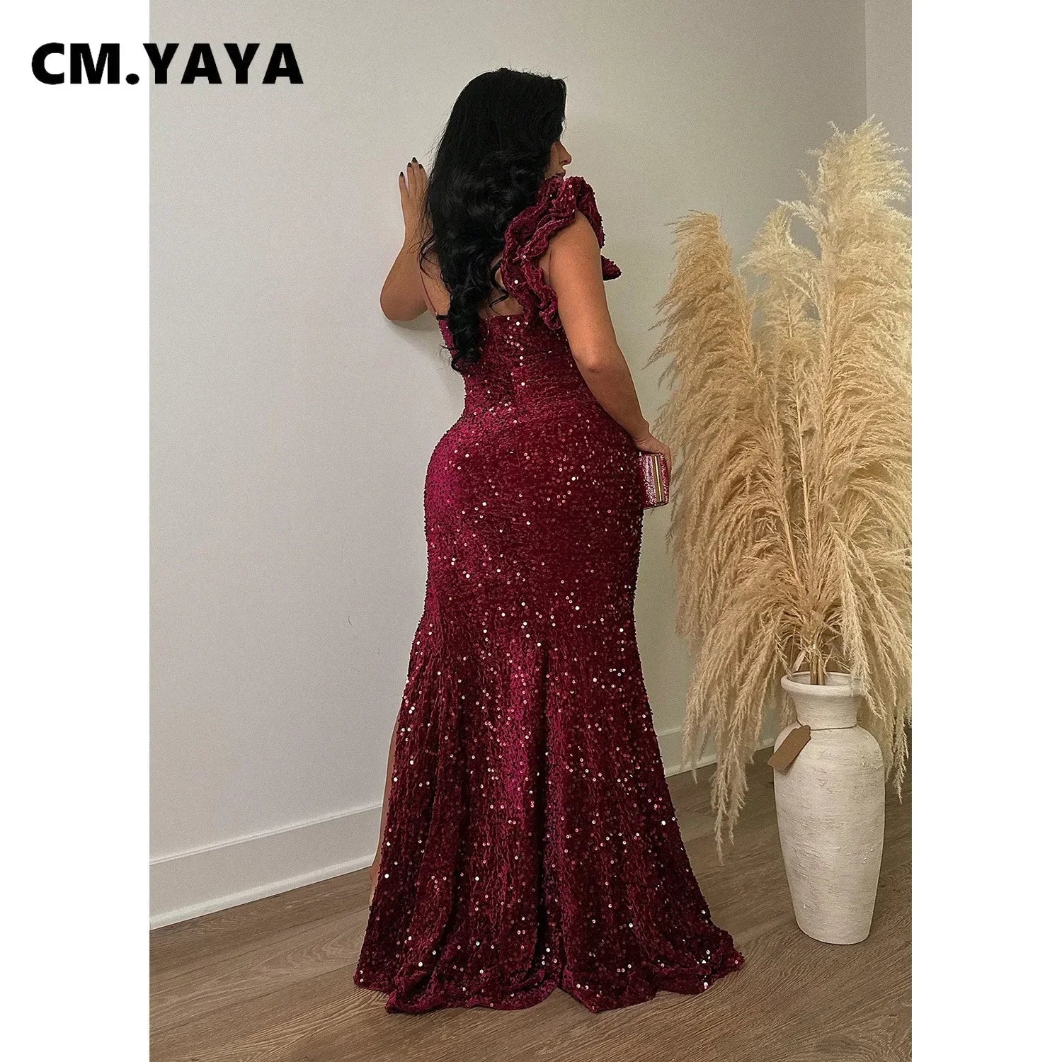 Trenton One Shoulder Open Back Sequined High Side Split Mermaid Maxi Dress