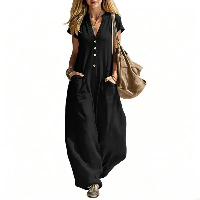 Jumpsuits for Women Linen Button Sleeve Jumpsuits Wide Leg V Neck Rompers Vacation Clothes with Pockets 6XDA