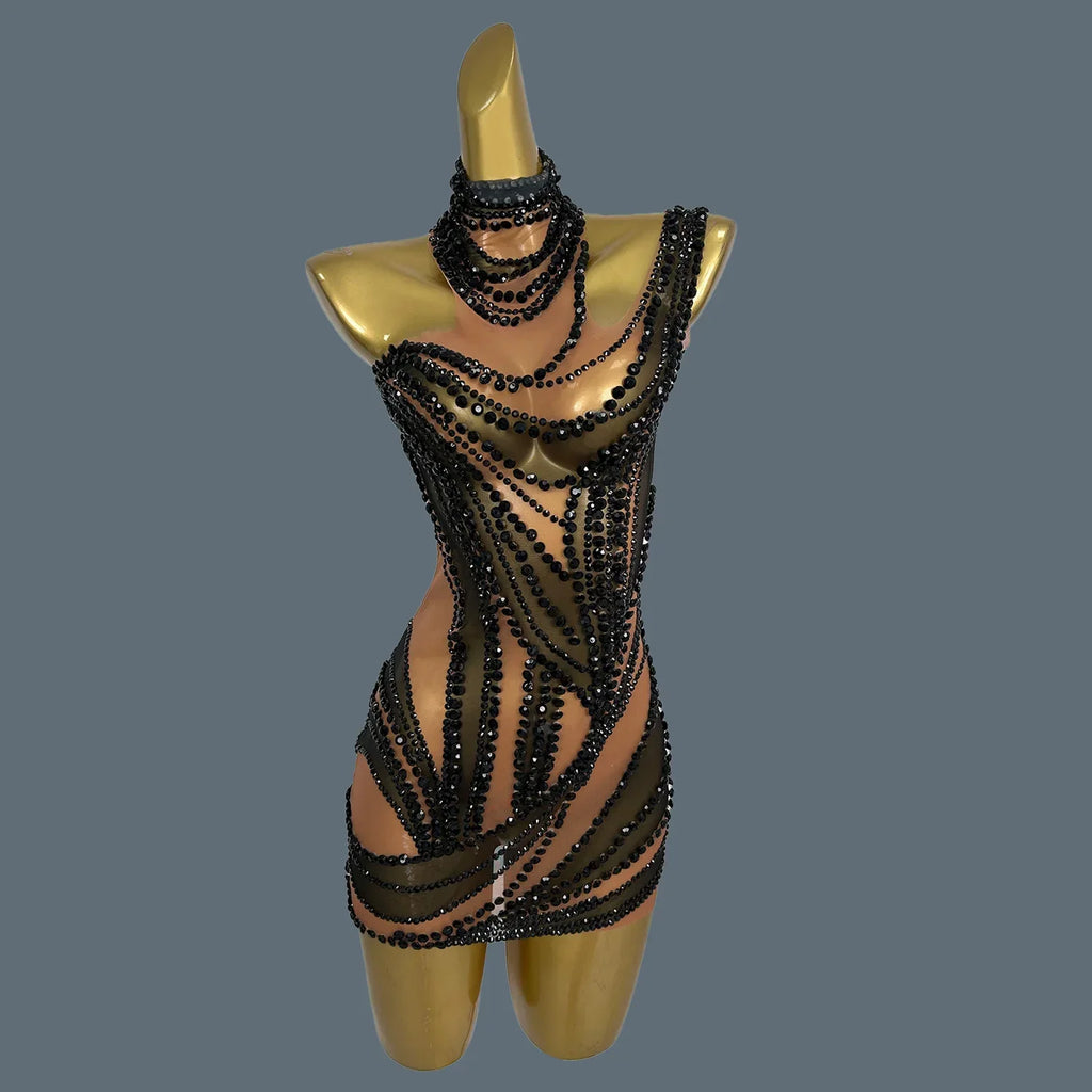 West Miffin Sparkly Rhinestone See Through Mini Dress
