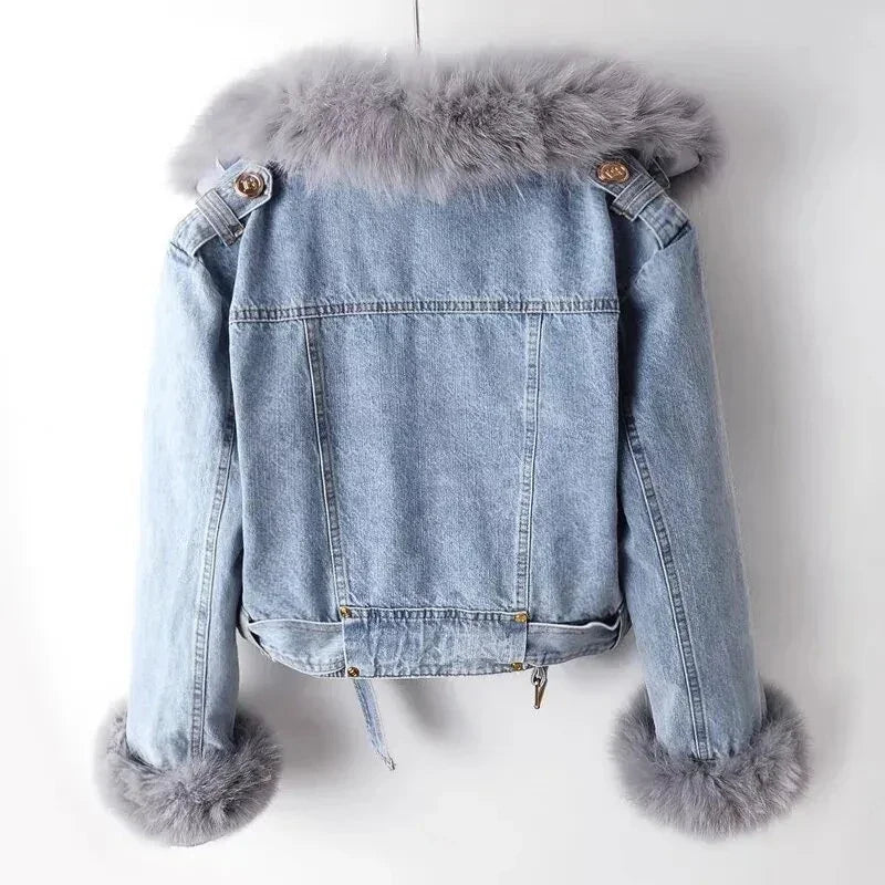 Tobyhanna Faux Fox Fur Collar Short Warm Parkas Rabbit Hair Lining Outwear Jacket