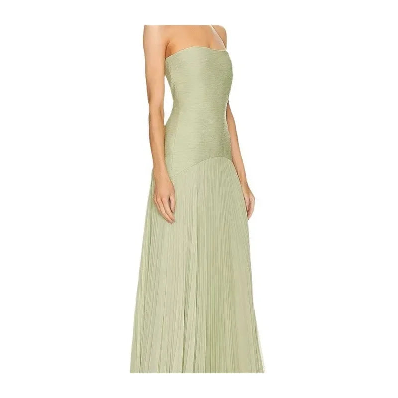 Bolair Strapl Pleated Dr Ribbed Fabric Long Elastic Waist Gored Dress