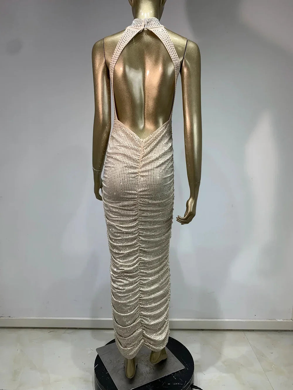 Yaphank Sleeveless Diamonds Backless Ruched Beige Maxi Long Dress