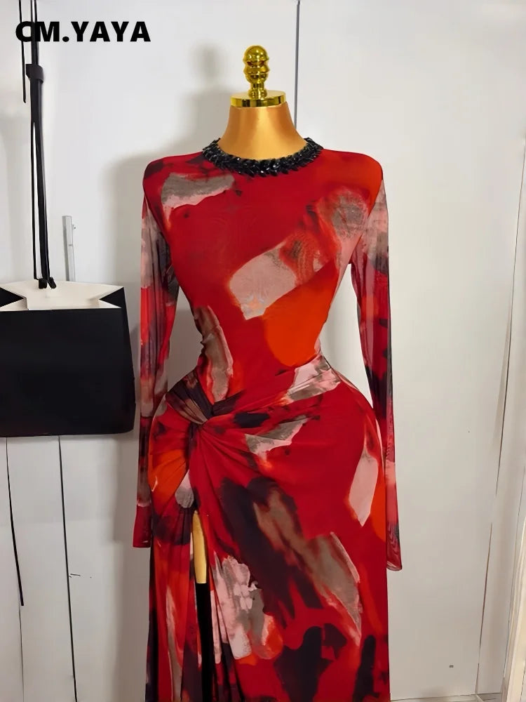 Hollow Out O-neck Long Sleeve Bodycon Maxi Long Dress