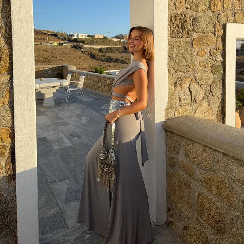 Obaska Stylish Sexy Backless Shiny Sleeveless O Neck Set