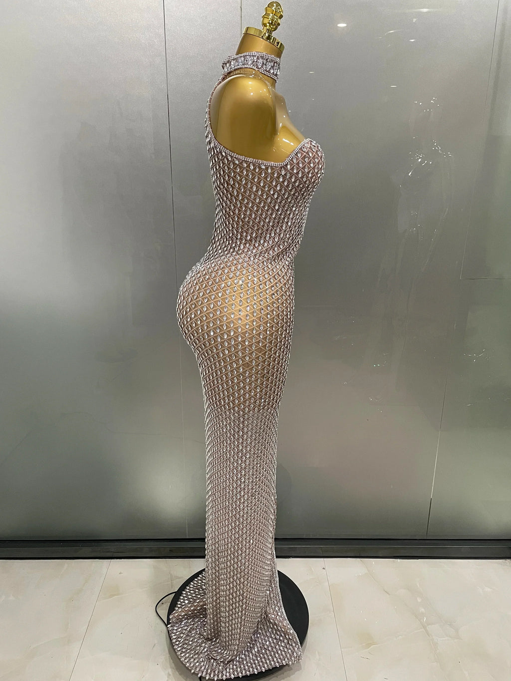 Frederick Full Rhinestones Mesh Transparent Long Elegant Dress