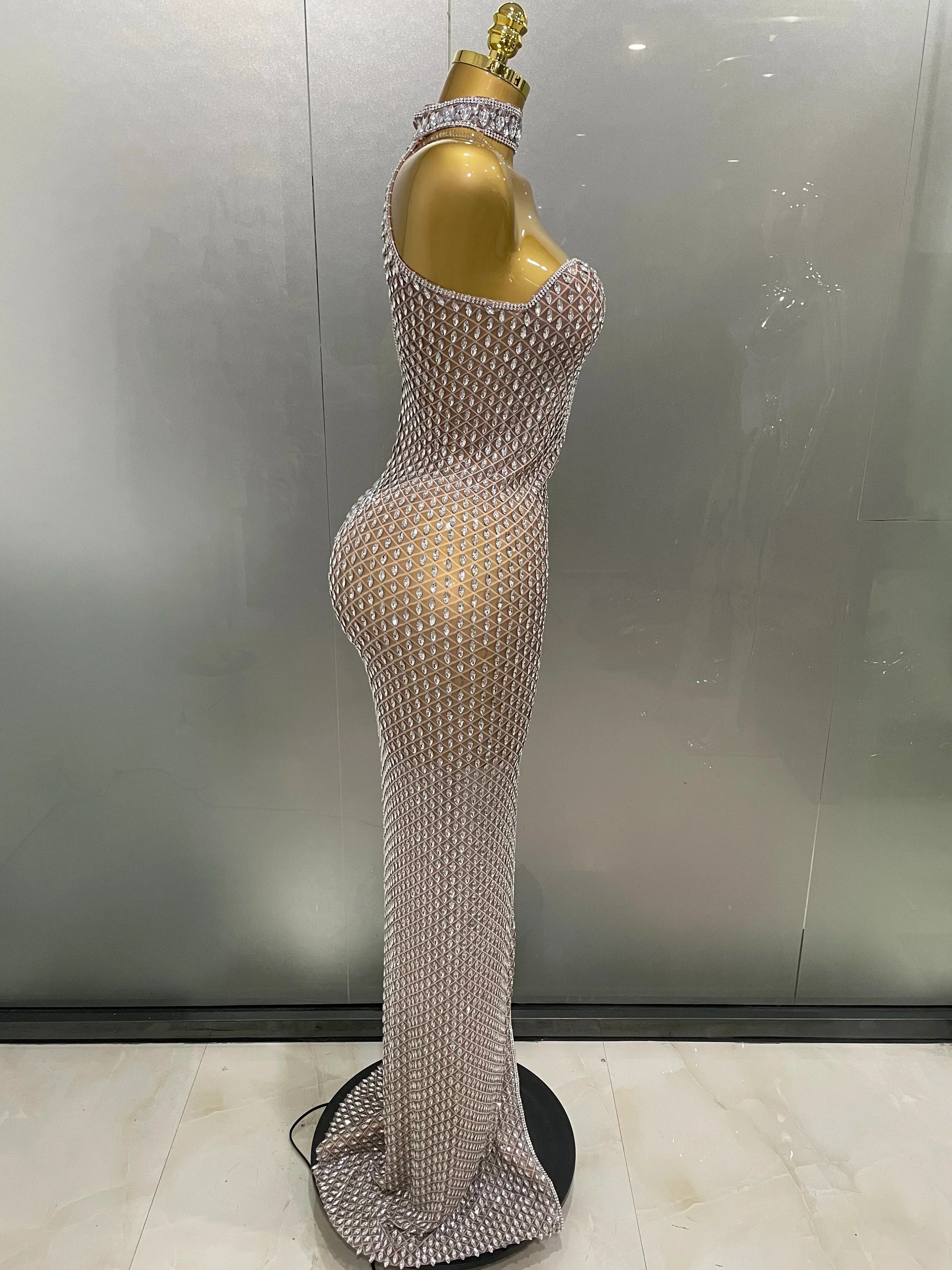 Frederick Full Rhinestones Mesh Transparent Long Elegant Dress