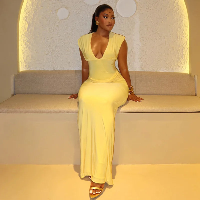 Elmora Sexy Ruched Bodycon Solid Sleeveless V-Neck Slim Long Maxi Dresses