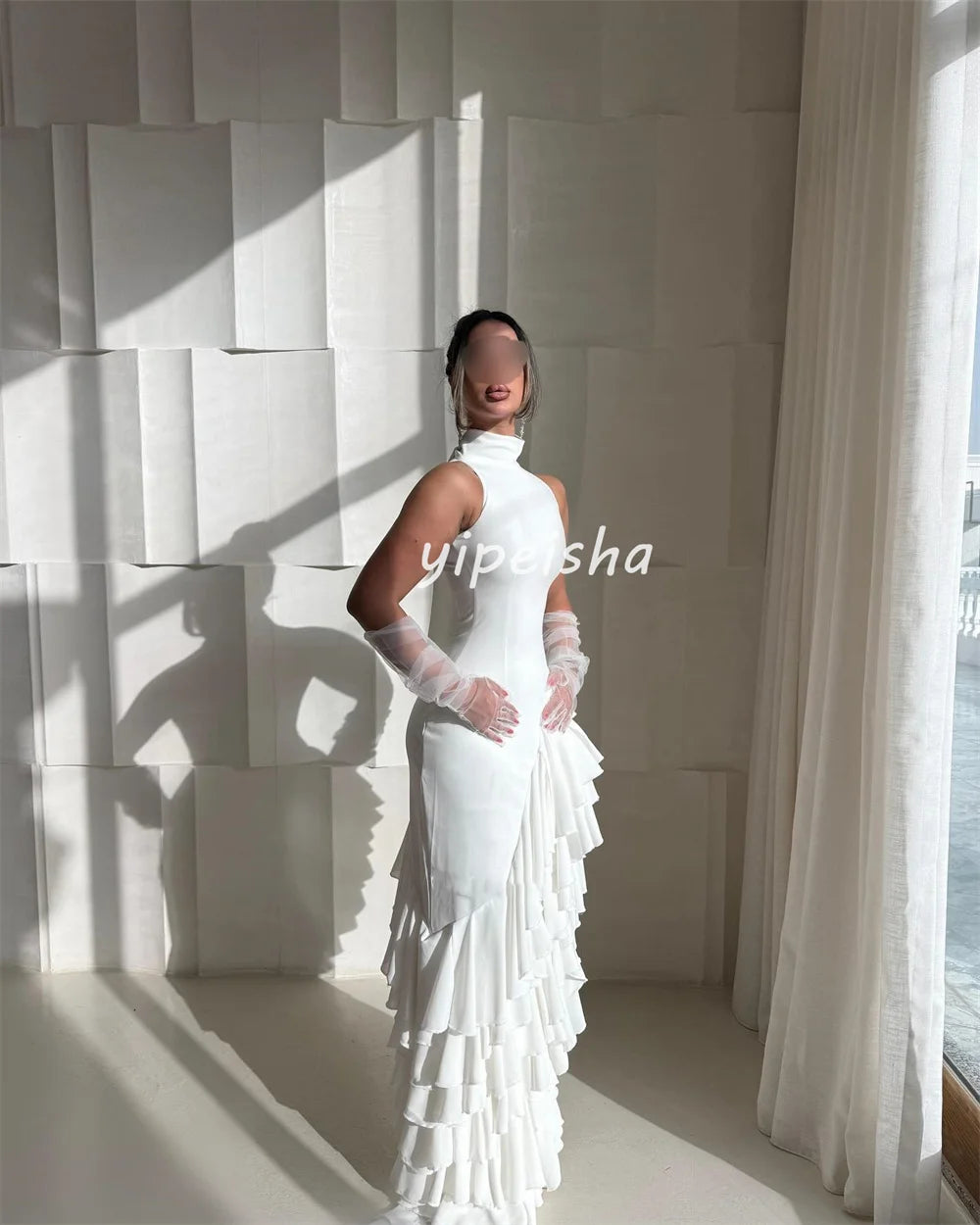 Wallington Modern Style Chiffon Ruched Ruffle Tiered Mermaid Scoop Neck Long Dresses