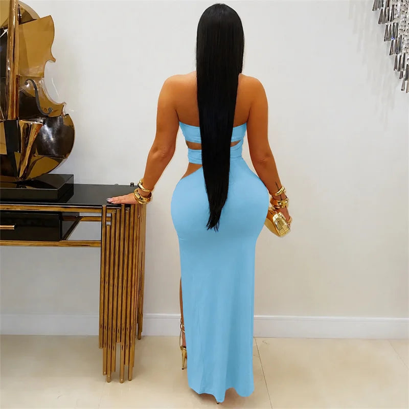 Alabama Metal Ring Bandage Strapless Night Hollow Out Bodycon Maxi Dress