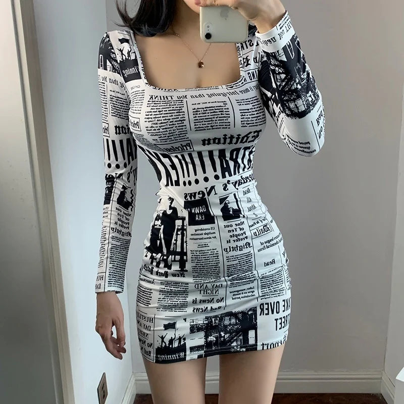 Amazonia Printed Newspaper Sexy New Fashion Street Shooting Slim Mini Dress
