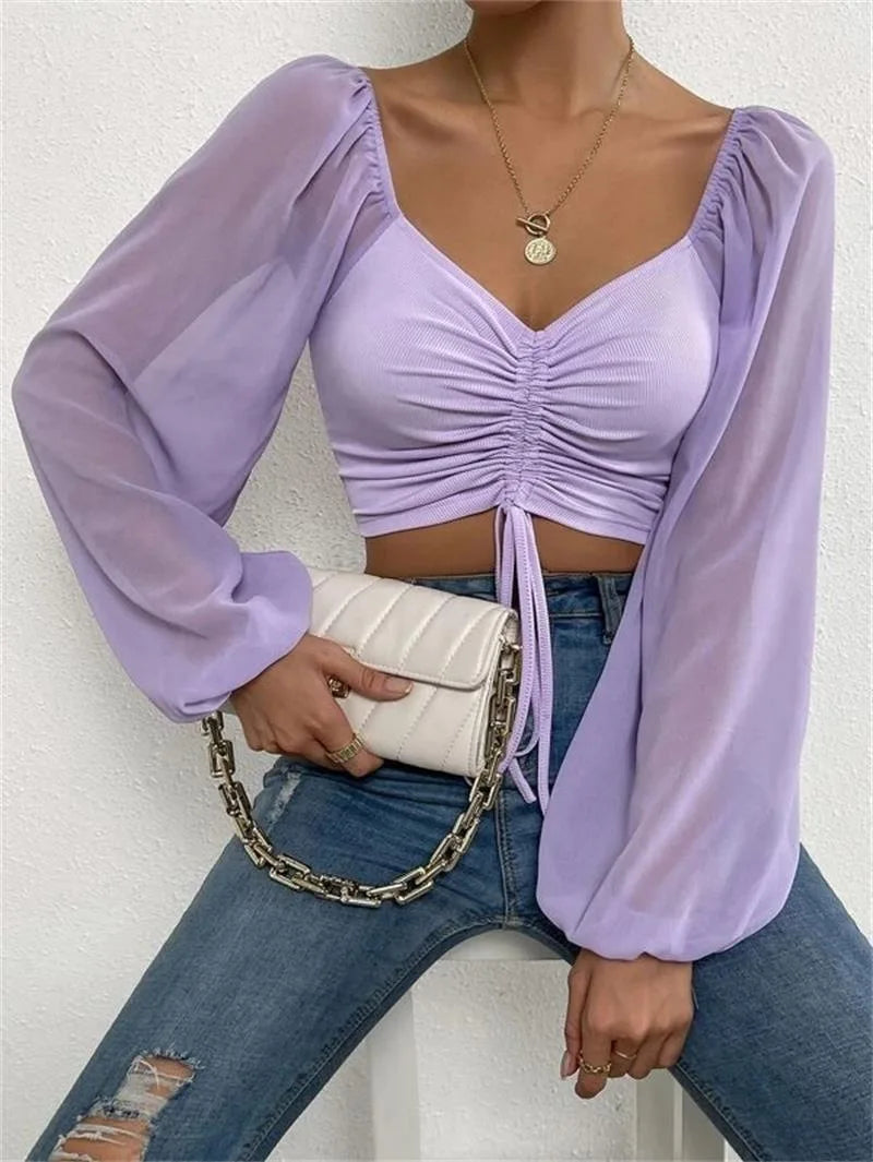 Koreatown Drawstring Front Sheer Sleeve Crop Plunge Neck Blouse