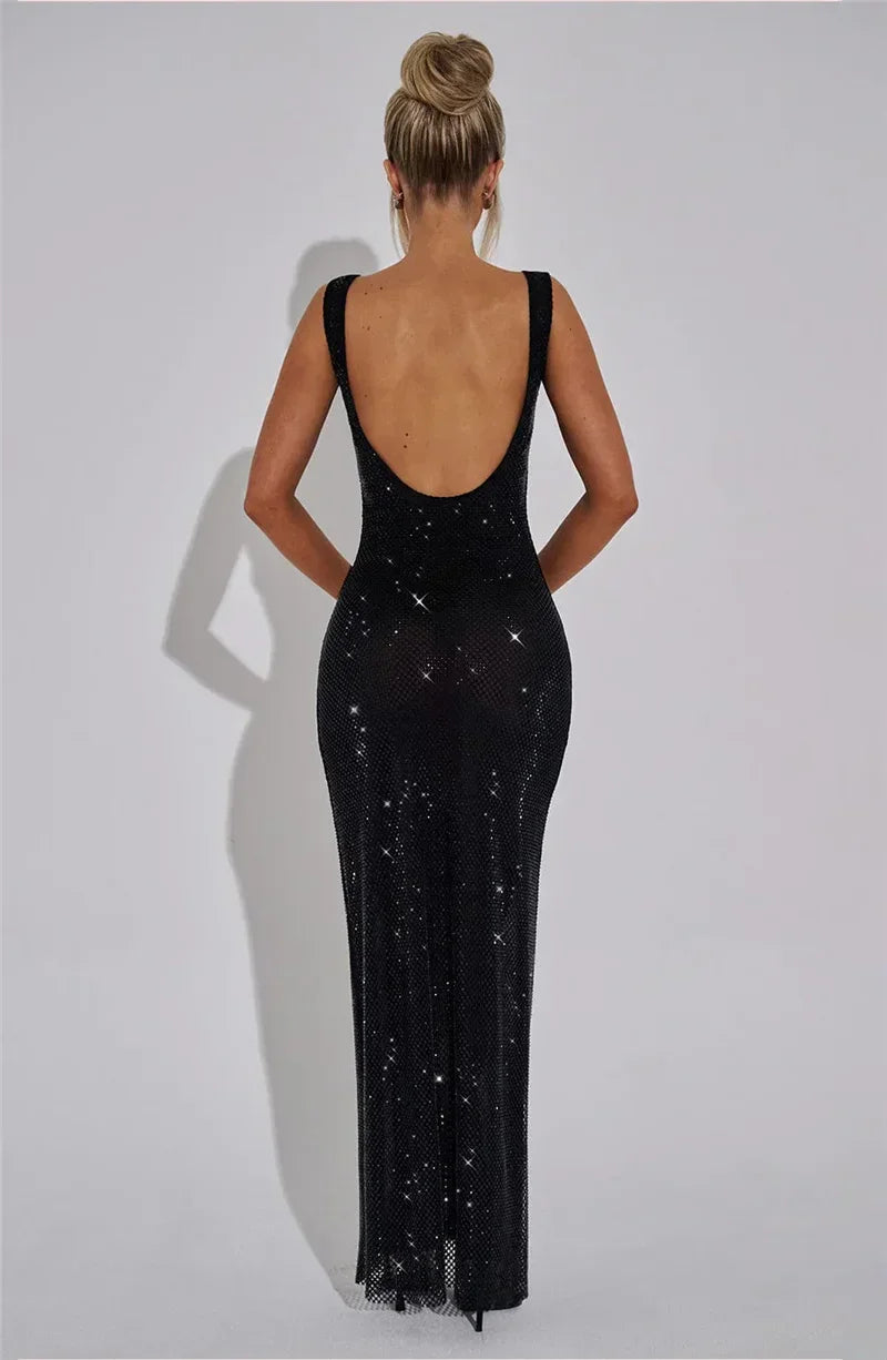 Bellport Sequins Backless Gown Sparkle Square Collar Sleeveless Bodycon Long Dress