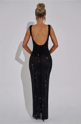 Bellport Sequins Backless Gown Sparkle Square Collar Sleeveless Bodycon Long Dress