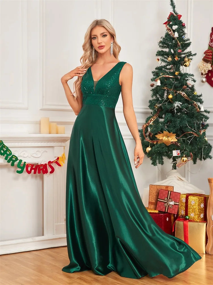 Oklahoma Elegant Sequins Evening Deep V-neck Satin Prom Party Dress